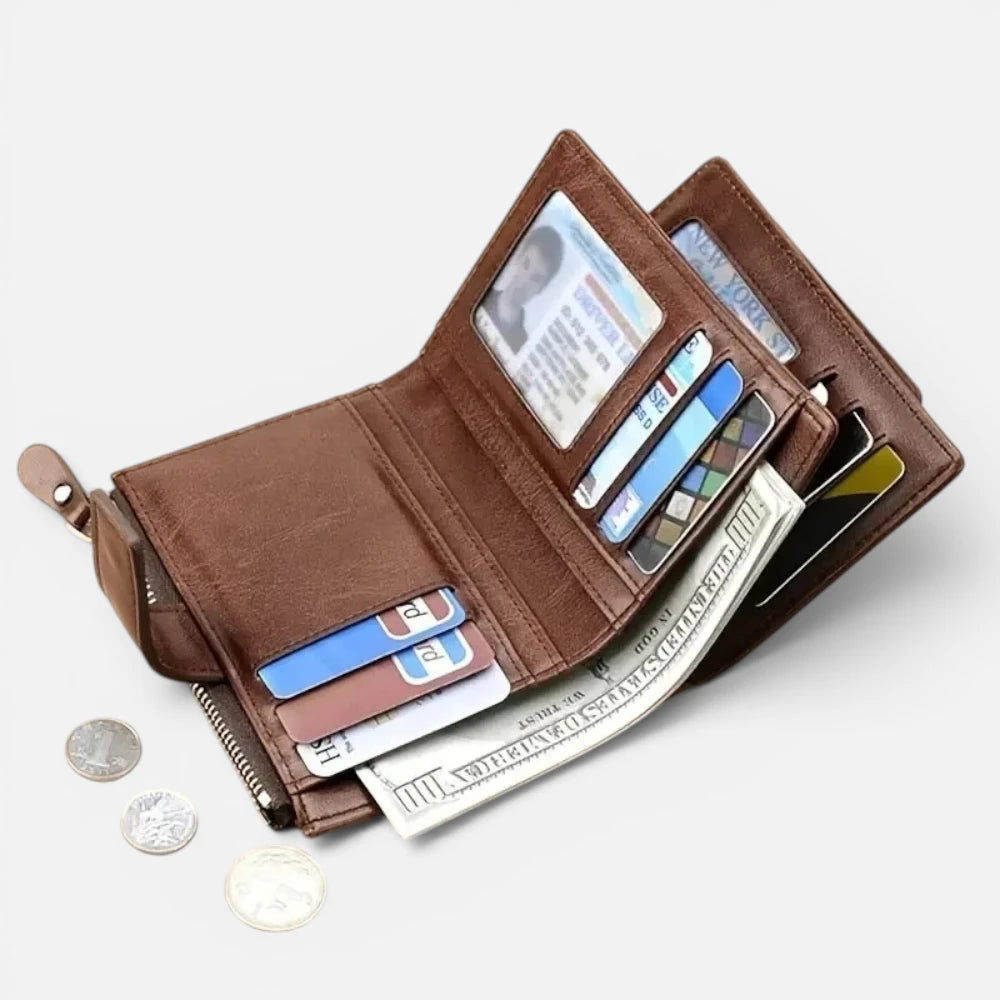 Portefeuille Homme Anti-RFID en Cuir Vintage avec Fermeture Éclair