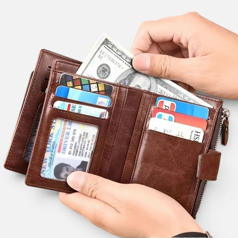 Portefeuille Homme Anti-RFID en Cuir Vintage avec Fermeture Éclair
